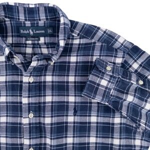 Polo Ralph Lauren Mens L Classic Fit Long Sleeve Button Up Shirt Blue Plaid Pony